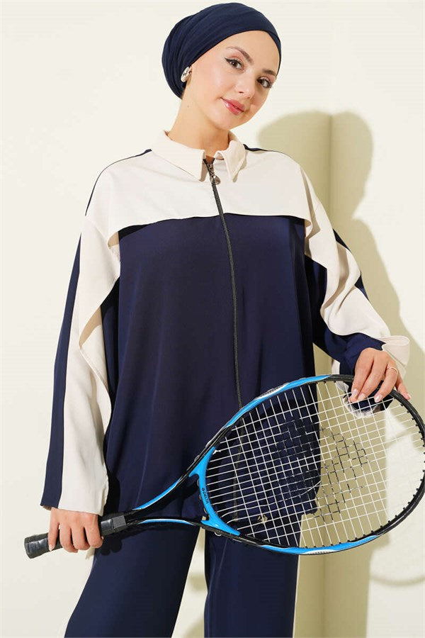 Striped Detail Zip-Up 2 Piece Set, Navy Blue