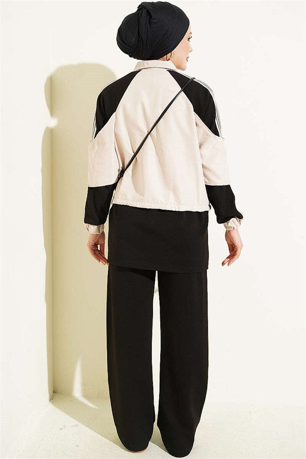Striped Detail Trimmed 2 Piece Set, Black