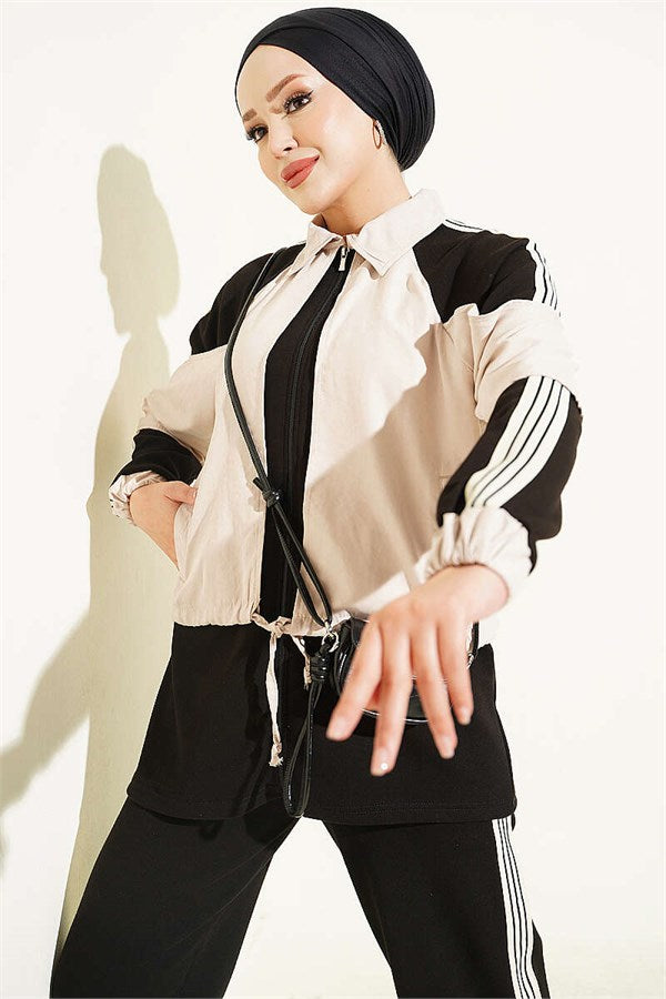 Striped Detail Trimmed 2 Piece Set, Black