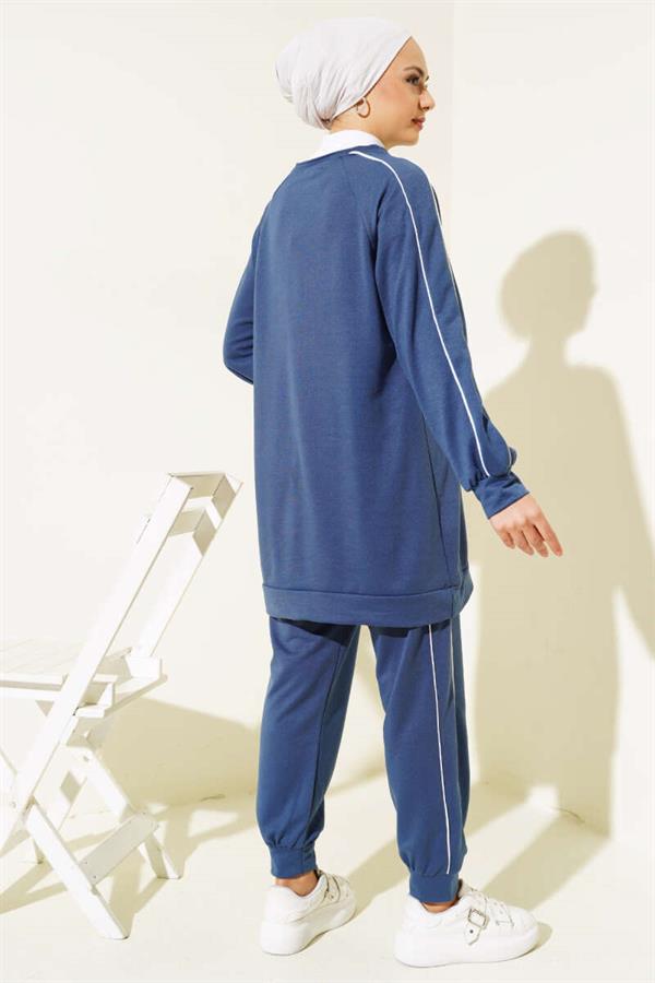 Stripe Detailed Two Thread Tunic 2 Piece Set Indigo