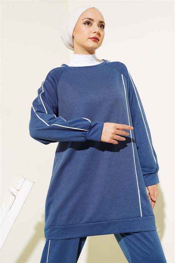 Stripe Detailed Two Thread Tunic 2 Piece Set Indigo