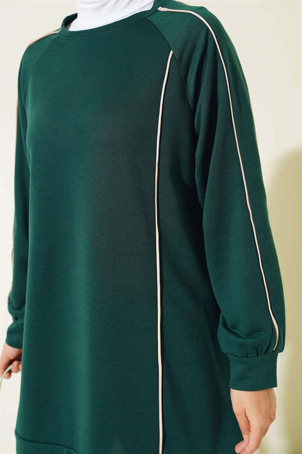 Stripe Detailed Two Thread Tunic 2 Piece Set Emerald