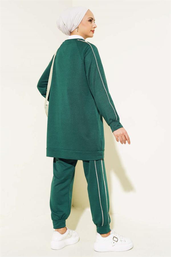 Stripe Detailed Two Thread Tunic 2 Piece Set Emerald