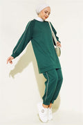 Stripe Detailed Two Thread Tunic 2 Piece Set Emerald