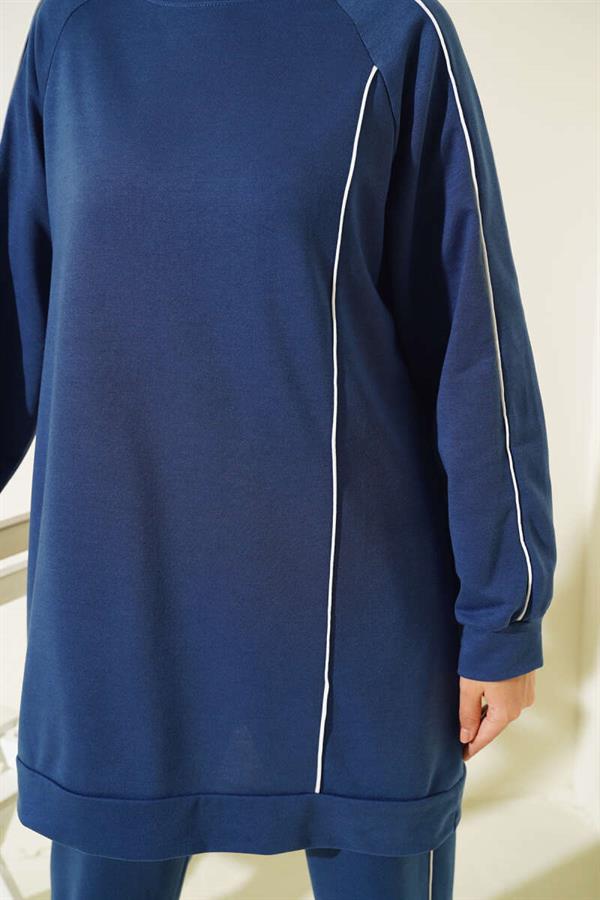 Stripe Detailed Two Thread Tunic 2 Piece Set Indigo