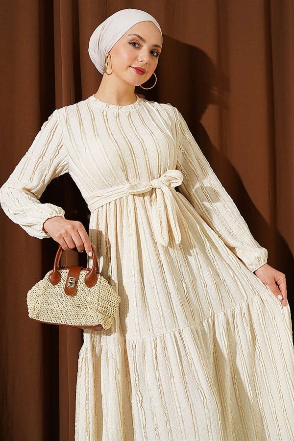Ribbed Belted Dress, Beige