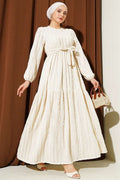 Ribbed Belted Dress, Beige