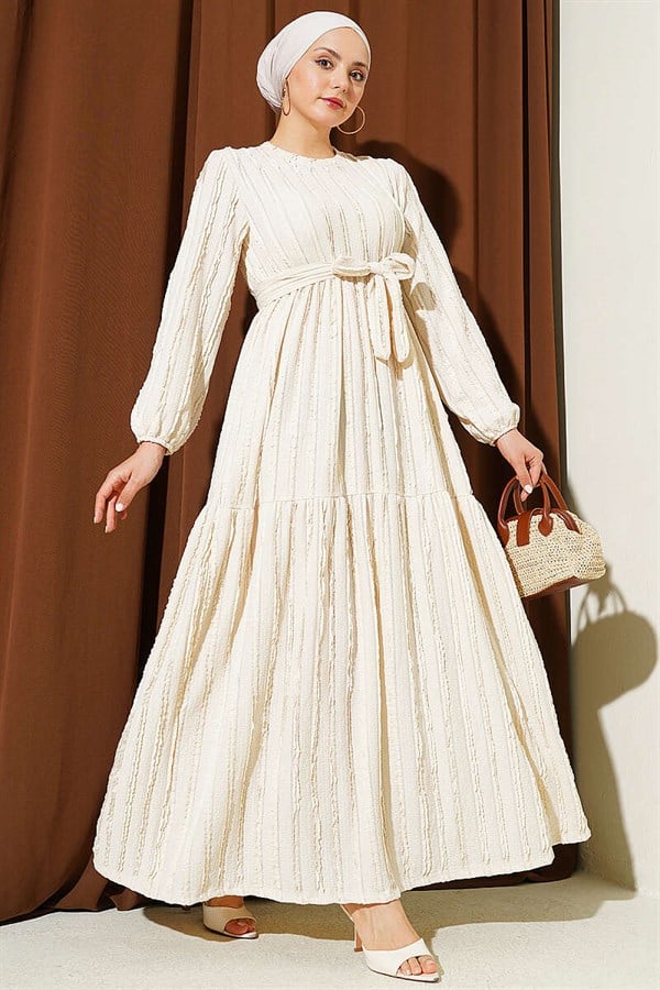 Ribbed Belted Dress, Beige