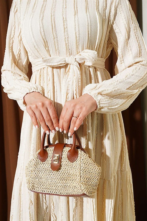 Ribbed Belted Dress, Beige