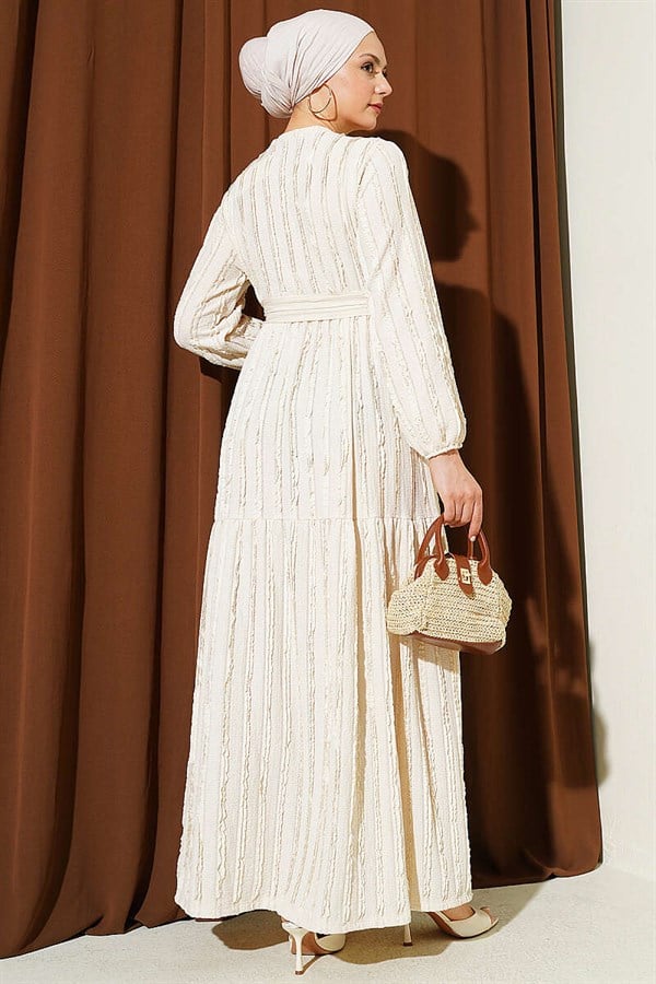 Ribbed Belted Dress, Beige