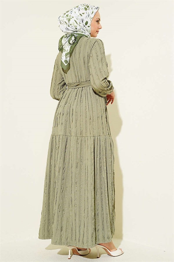 Striped Ruffled Belted Dress in Light Green