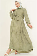 Striped Ruffled Belted Dress in Light Green