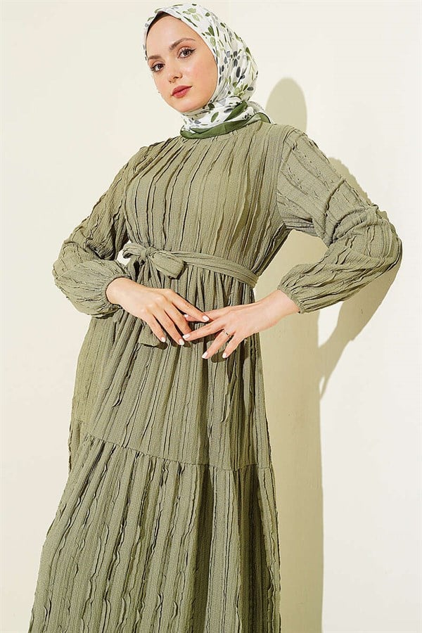 Striped Ruffled Belted Dress in Light Green
