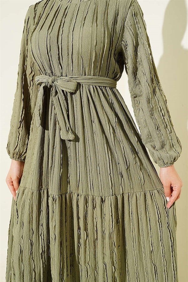 Striped Ruffled Belted Dress in Light Green