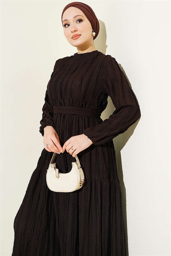 Striped Ruffled Belted Dress, Coffee