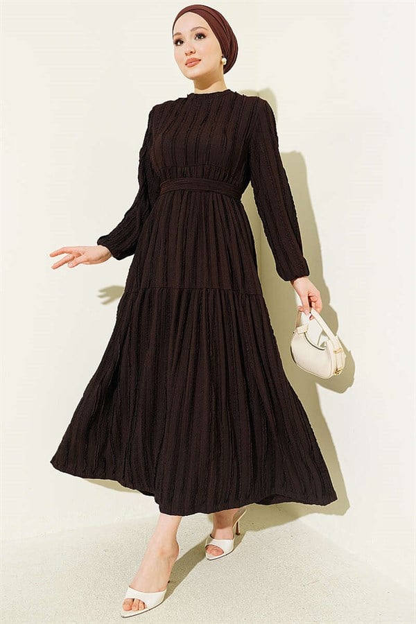 Striped Ruffled Belted Dress, Coffee