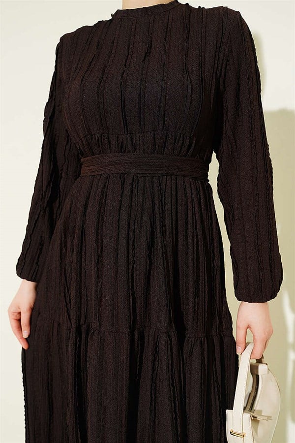 Striped Ruffled Belted Dress, Coffee