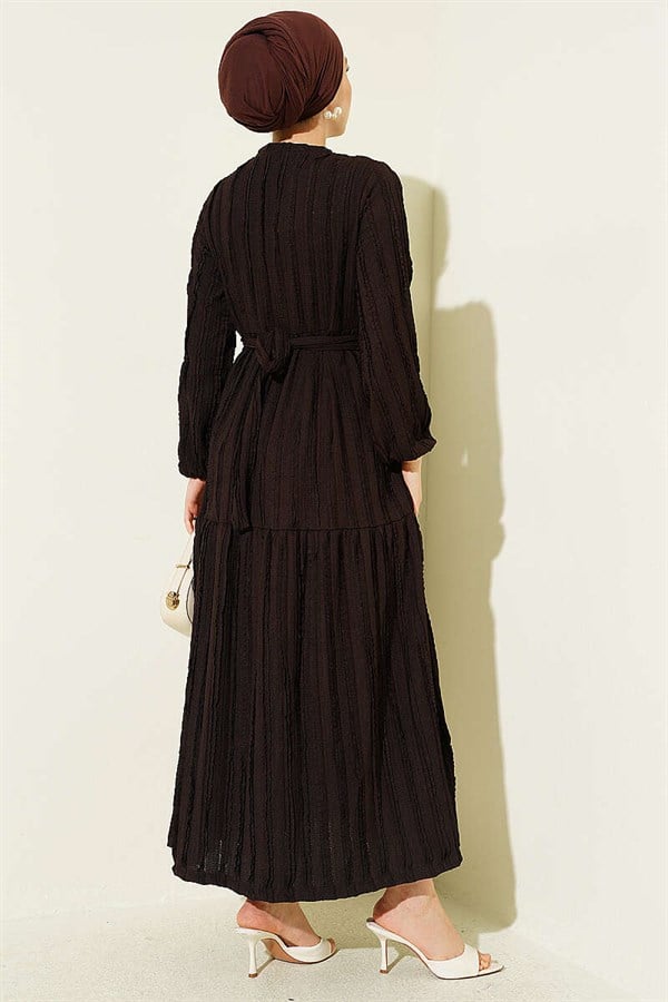 Striped Ruffled Belted Dress, Coffee