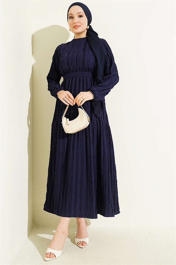 Navy Blue Dress with Ribbon Ruffles and Belt