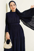 Navy Blue Dress with Ribbon Ruffles and Belt