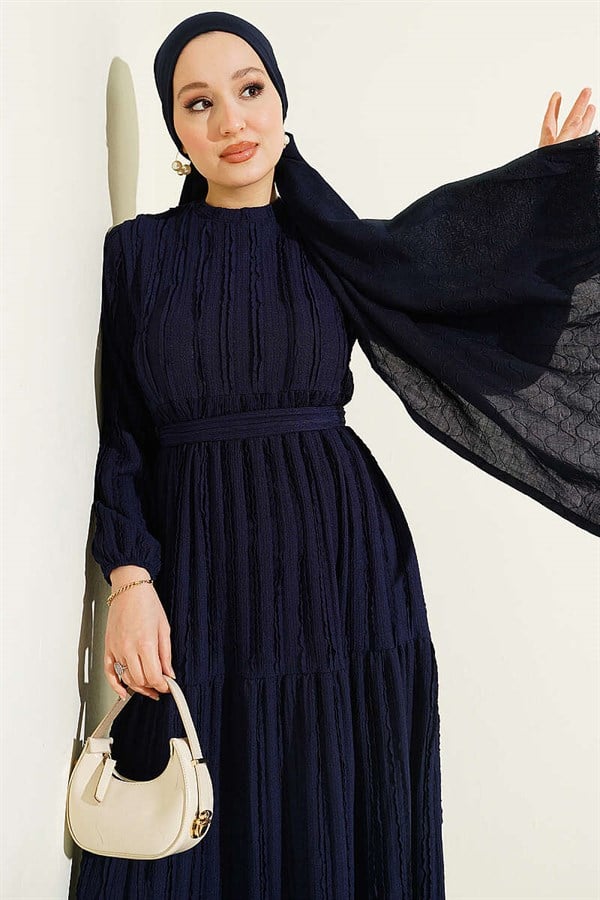 Navy Blue Dress with Ribbon Ruffles and Belt