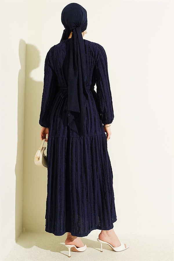 Navy Blue Dress with Ribbon Ruffles and Belt