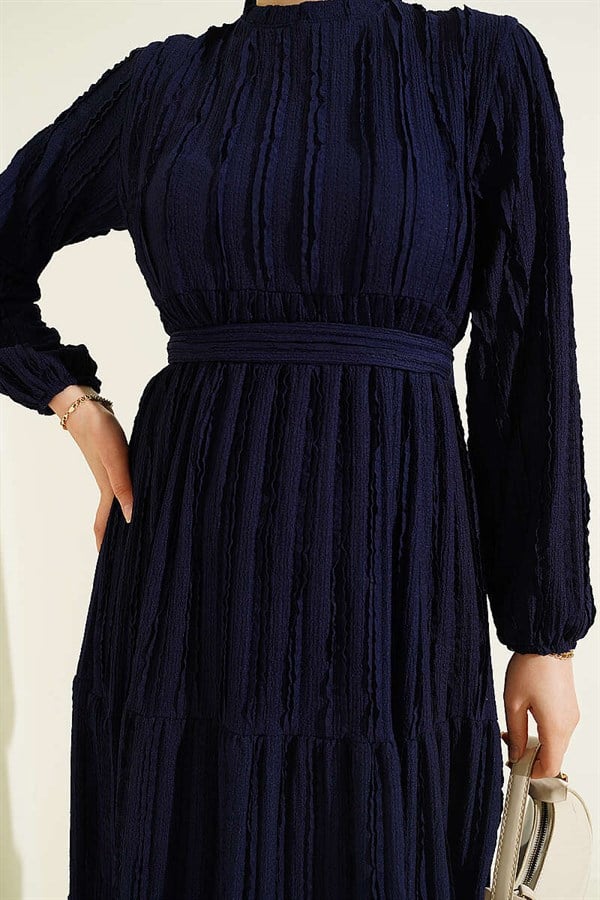 Navy Blue Dress with Ribbon Ruffles and Belt