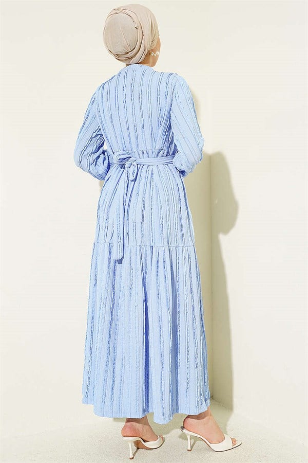 Striped Ruffled Belted Dress Blue