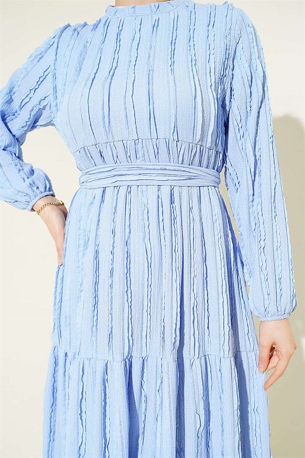 Striped Ruffled Belted Dress Blue