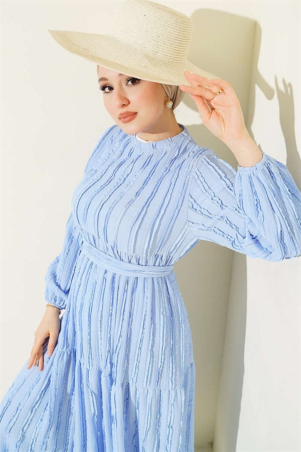 Striped Ruffled Belted Dress Blue