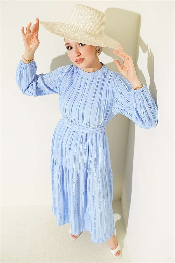 Striped Ruffled Belted Dress Blue