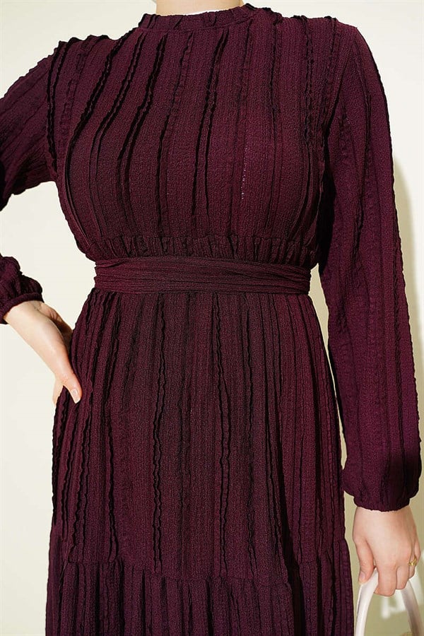 Striped Ruffled Belted Dress, Plum
