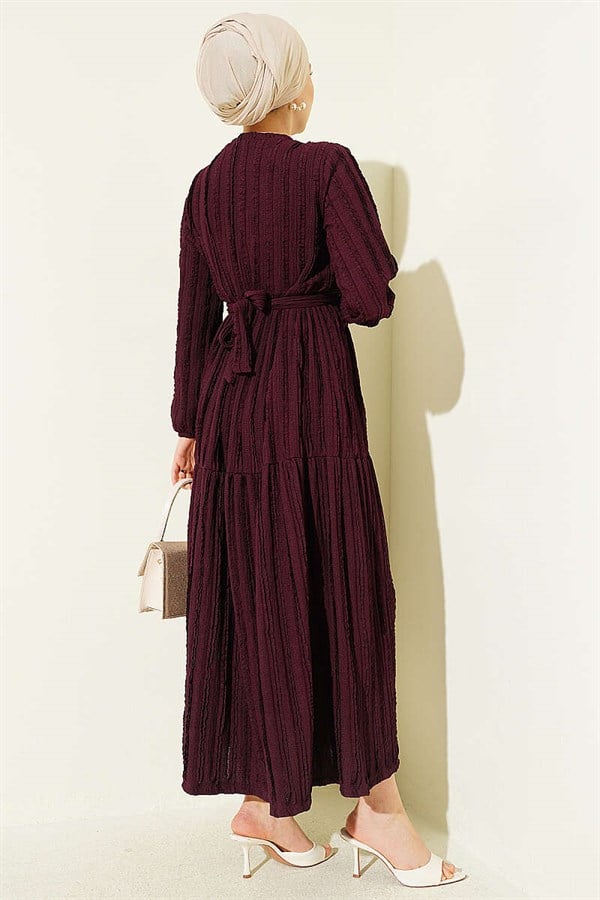 Striped Ruffled Belted Dress, Plum