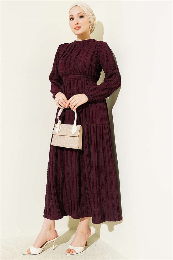 Striped Ruffled Belted Dress, Plum