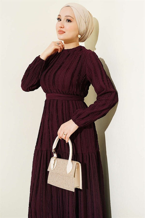 Striped Ruffled Belted Dress, Plum
