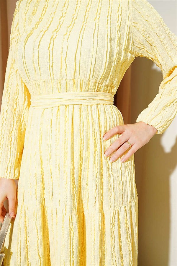 Striped Ruffled Belted Dress Yellow