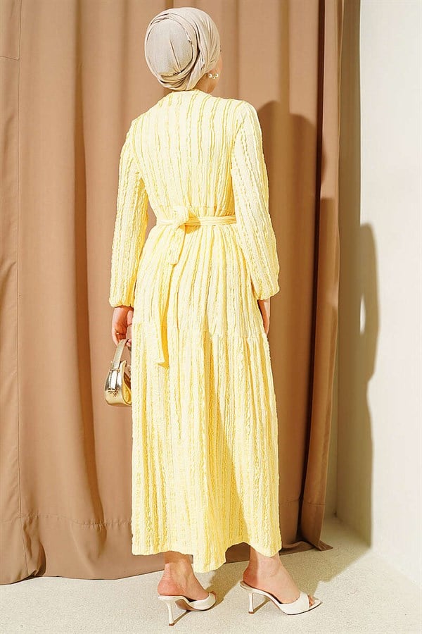 Striped Ruffled Belted Dress Yellow