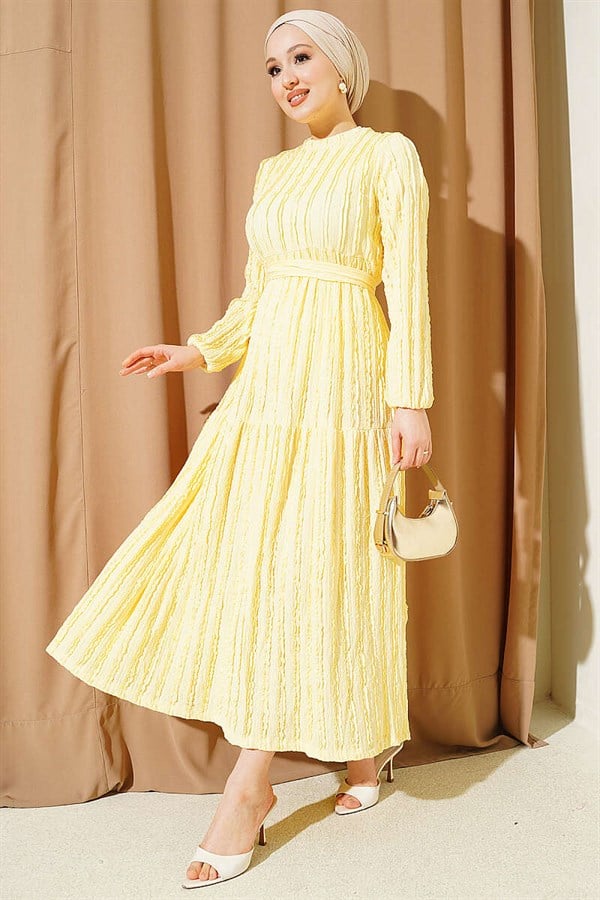 Striped Ruffled Belted Dress Yellow
