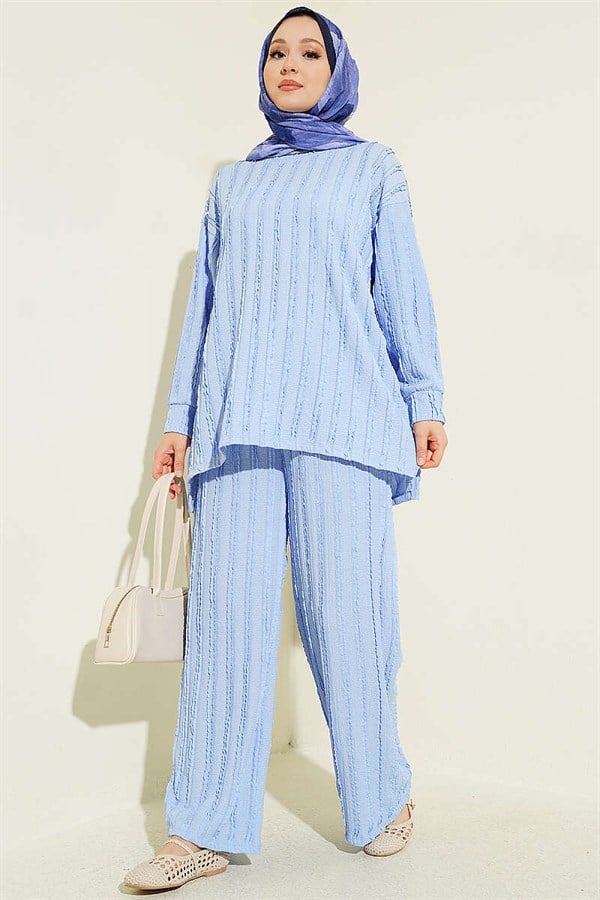 Striped Ruffled Tunic 2 Piece Set, Baby Blue