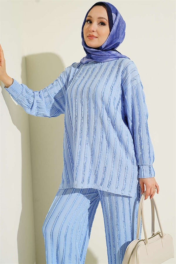Striped Ruffled Tunic 2 Piece Set, Baby Blue