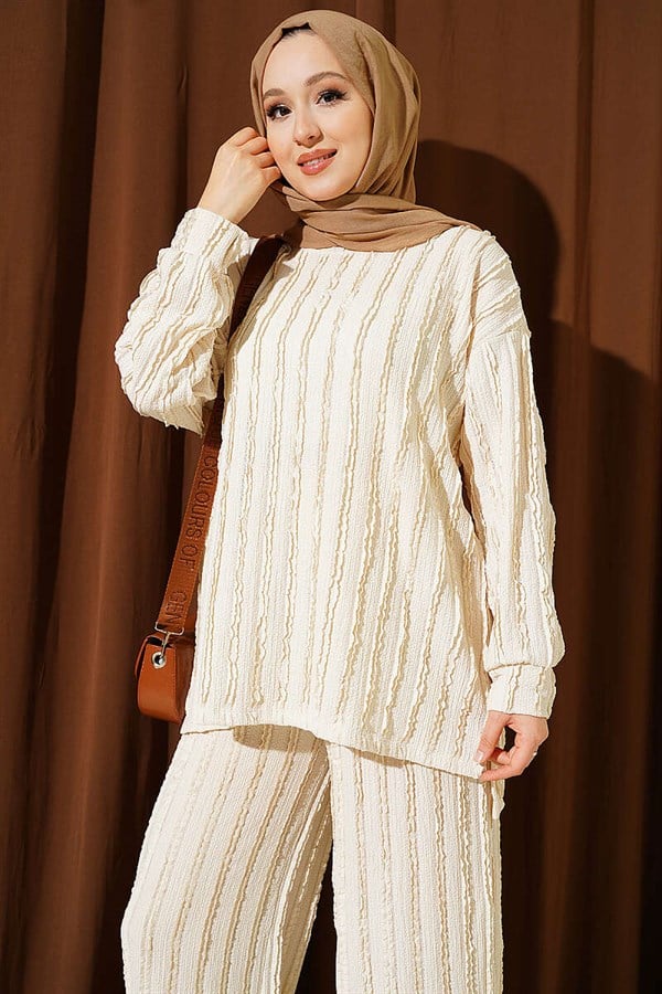 Striped Ruffled Tunic 2 Piece Set, Beige