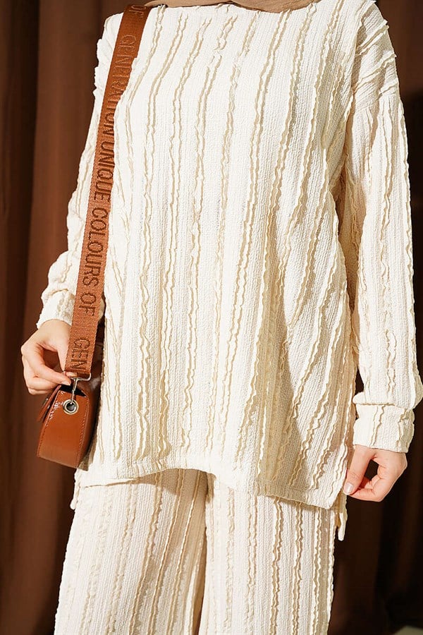 Striped Ruffled Tunic 2 Piece Set, Beige