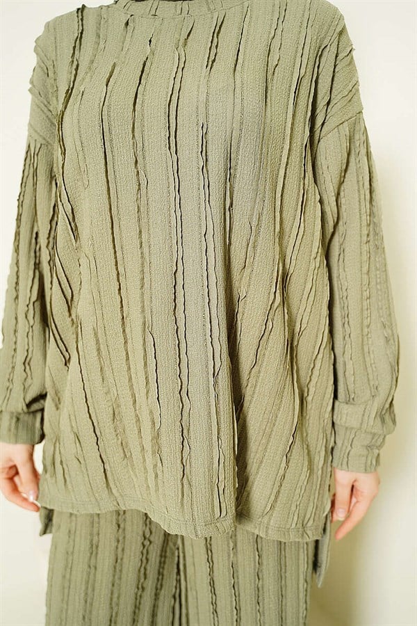 Striped Ruffled Tunic 2 Piece Set, Light Green