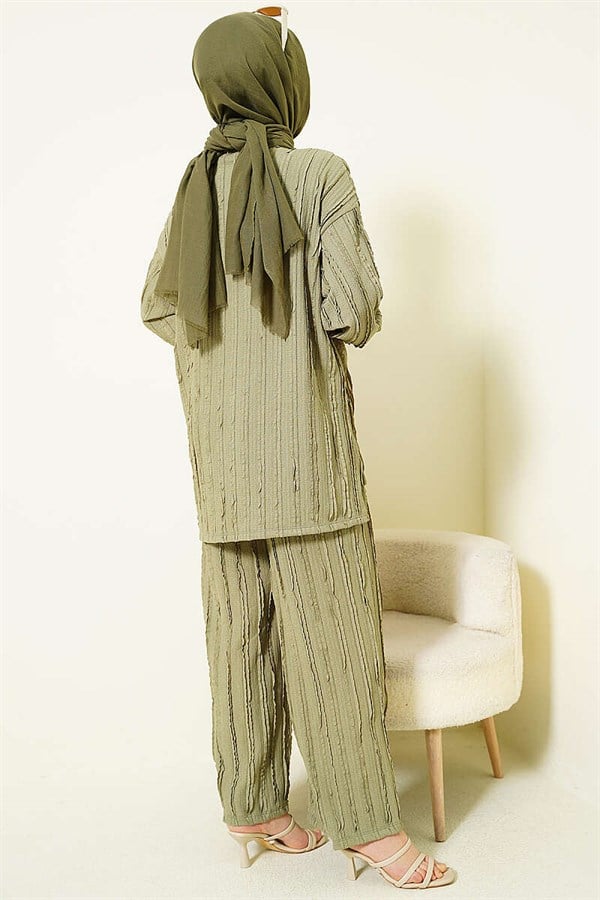 Striped Ruffled Tunic 2 Piece Set, Light Green