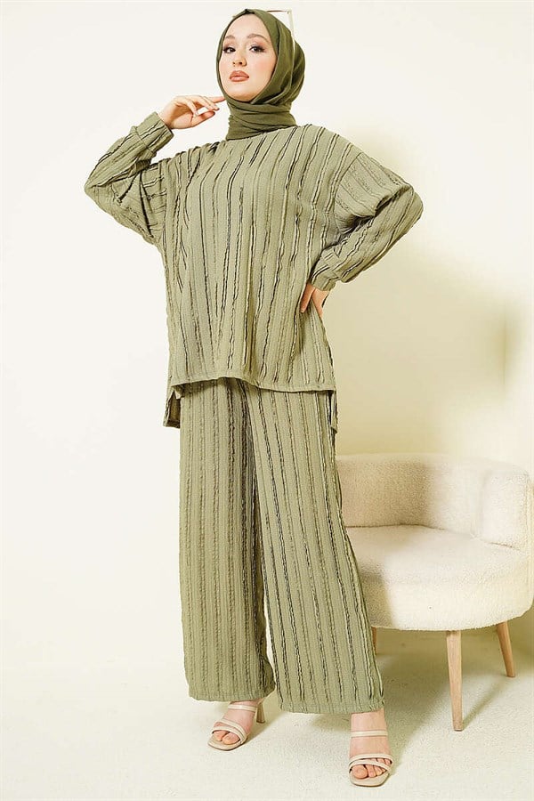 Striped Ruffled Tunic 2 Piece Set, Light Green