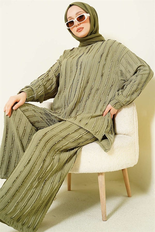 Striped Ruffled Tunic 2 Piece Set, Light Green