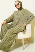 Striped Ruffled Tunic 2 Piece Set, Light Green