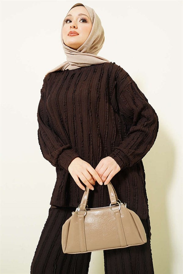 Striped Ruffled Tunic 2 Piece Set, Coffee