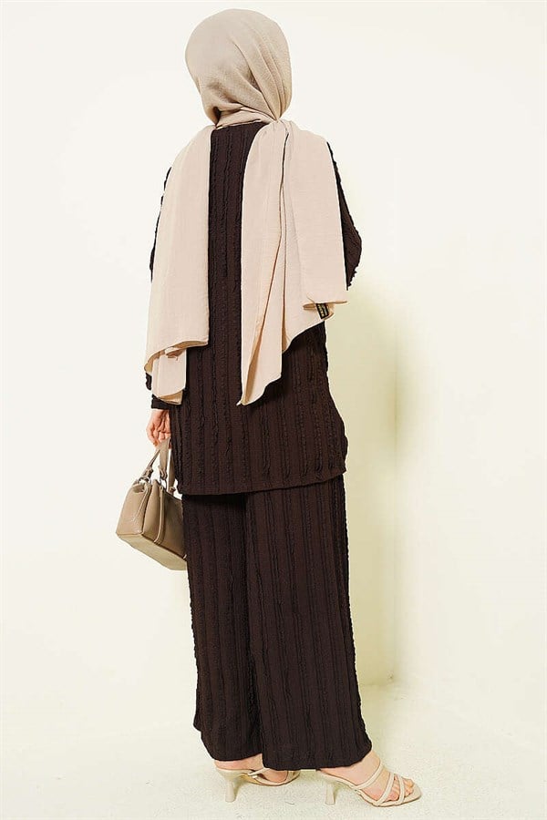 Striped Ruffled Tunic 2 Piece Set, Coffee