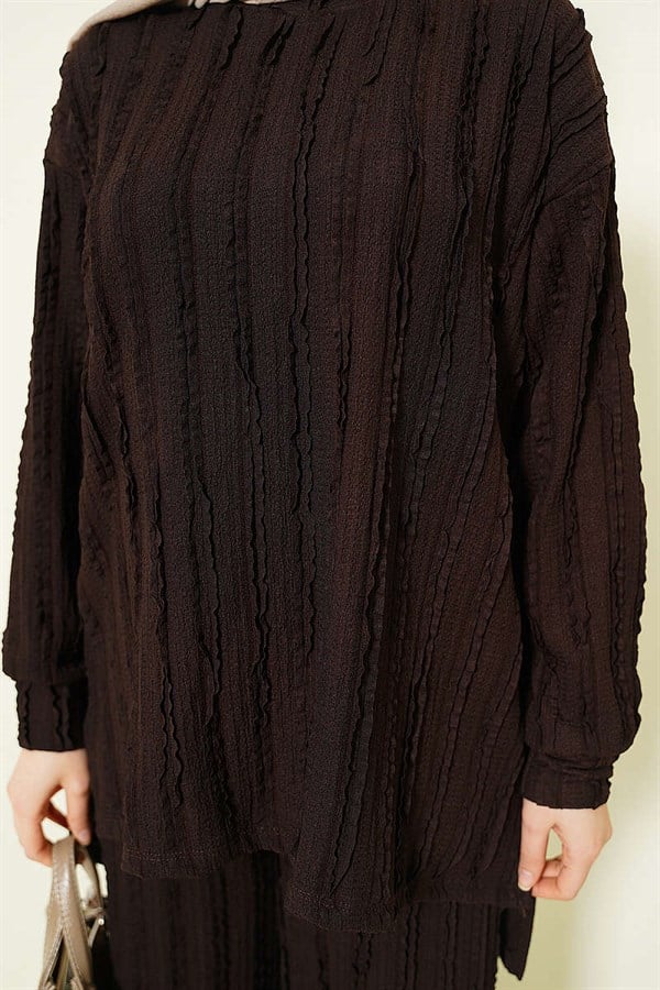 Striped Ruffled Tunic 2 Piece Set, Coffee